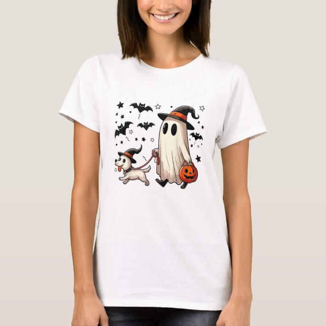 Camiseta Engraçado Fantasma Andando Cachorro Spooky Season  (Frente)