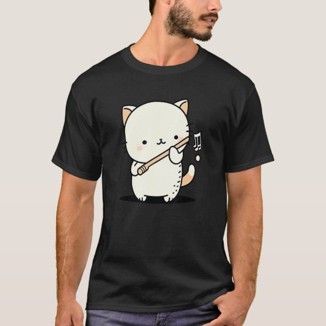 Camiseta Engraçado, Fofo, Gato Tocando Flauta Músico (Frente)