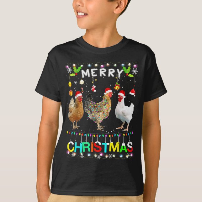 Camiseta Engraçado Galinha de Natal Santa Hat Luzes Xma (Frente)