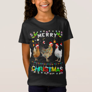Camiseta Engraçado Galinha de Natal Santa Hat Luzes Xma