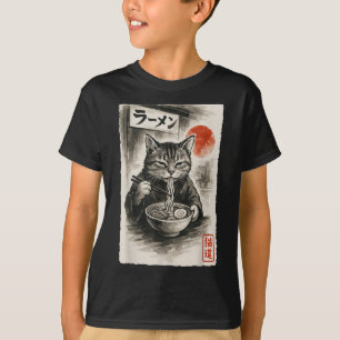Camiseta Engraçado Gato Comendo Ramen Noodles Sumi-e Japonê