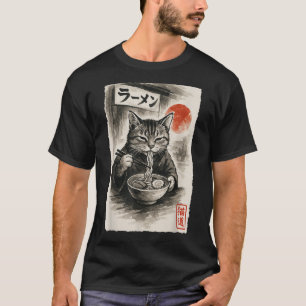 Camiseta Engraçado Gato Comendo Ramen Noodles Sumi-e Japonê