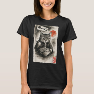 Camiseta Engraçado Gato Comendo Ramen Noodles Sumi-e Japonê
