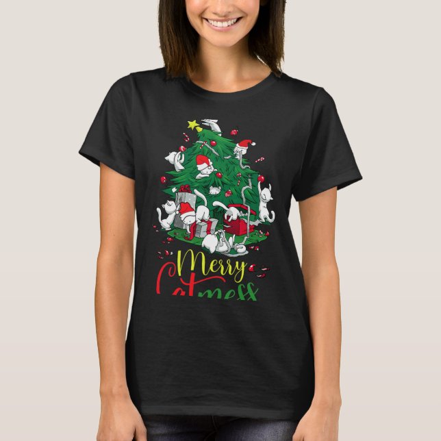 Camiseta Engraçado Gato Feliz de Árvore de Natal Gatos Cati (Frente)