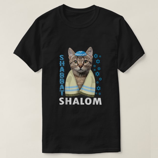 Camiseta Engraçado Gato Judeu Shabbat Shalom Cute Com Kippa (Frente do Design)