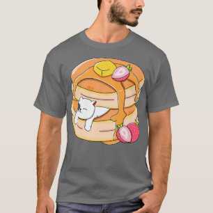 Camiseta Engraçado Gato Pancake Kawaii Strawberry Breakfast