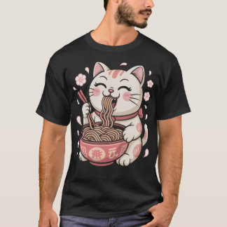 Camiseta Engraçado Gato Ramen Fofo Flor de Cerejeira Japão 