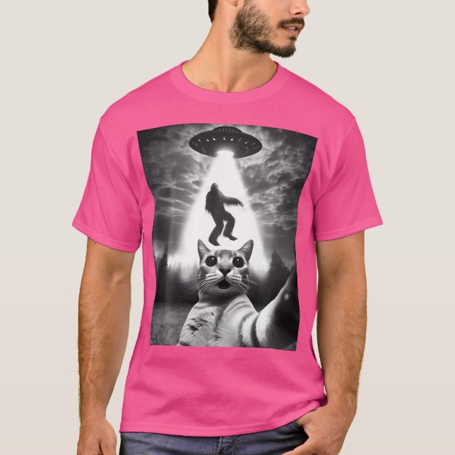 Camiseta Engraçado Gato Selfie Alienígena Voadora Ufo Rapta (Frente)