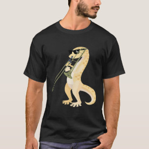 Camiseta Engraçado Gecko Vestindo Sungles Jogando Trombone
