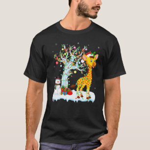 Camiseta Engraçado Girafa Xmas Tree Lighting Santa Hat Gir