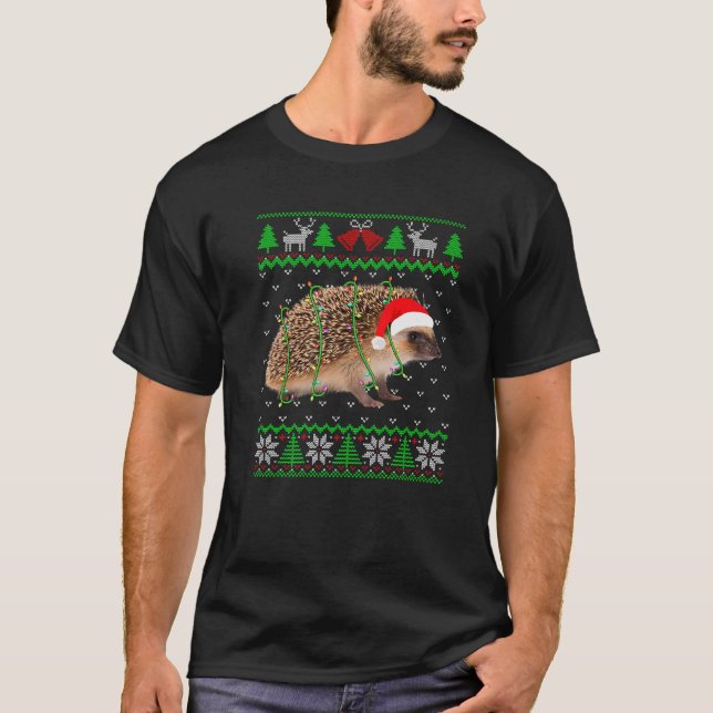 Camiseta Engraçado Hedgehog Luz Feia Árvore de Natal Doce (Frente)