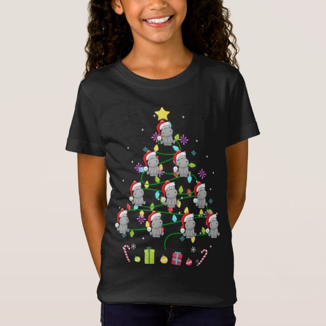 Camiseta Engraçado Hippo, cor da árvore de Natal Led (Frente)