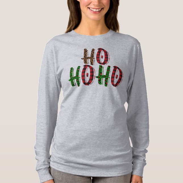 Camiseta Engraçado Ho Ho Ho Xadrez Buffalo Trendy Natal (Frente)