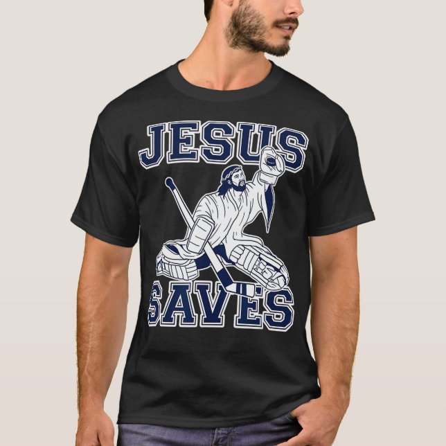 Camiseta Engraçado Hockey Jesus salva Goalie (Frente)