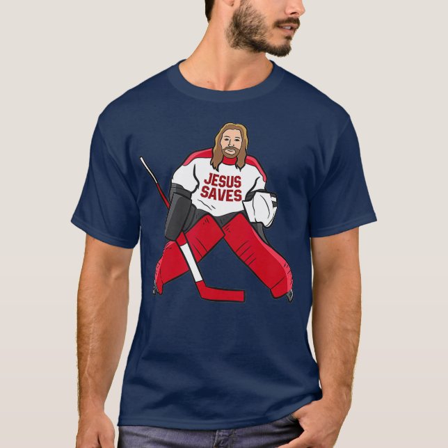 Camiseta Engraçado Hockey Jesus salva goleiro de hóquei (Frente)