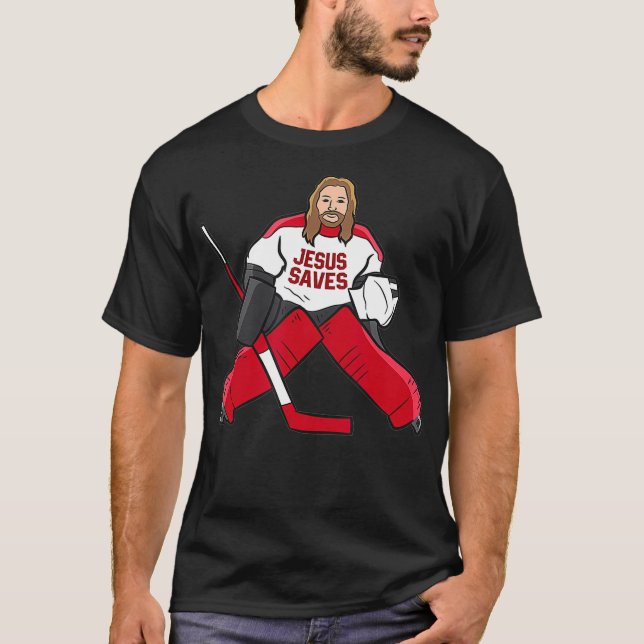 Camiseta Engraçado Hockey Jesus salva goleiro de hóquei (Frente)