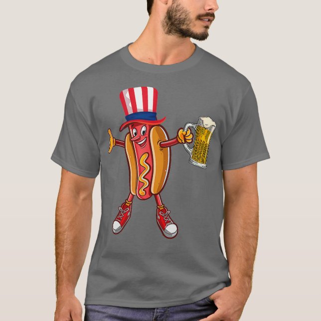 Camiseta Engraçado Hot dog EUA Flag Hat Beer para o 4º anda (Frente)
