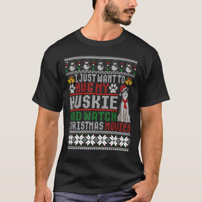 Camiseta Engraçado Huskie Natal Xmas Pajama Ugly Sweater (Frente)