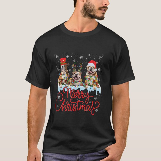 Camiseta Engraçado Inglês Buldogue Cachorro Noite de Natal  (Frente)
