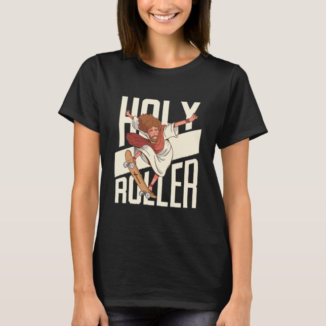 Camiseta Engraçado Jesus de Patins Holy Roller (Frente)