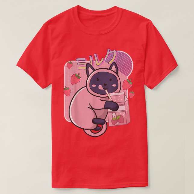 Camiseta Engraçado Kawaii Cat Strawberry Milk Agita Japonês (Frente do Design)