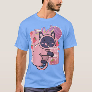 Camiseta Engraçado Kawaii Cat Strawberry Milk Agita Japonês