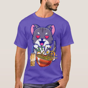 Camiseta Engraçado Kawaii Gato Comendo Ramen E Boba Milk Te