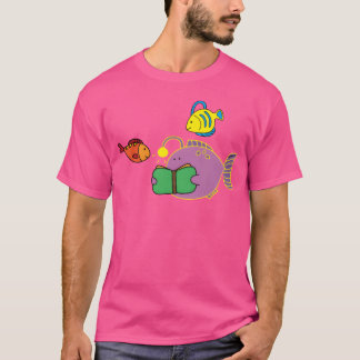 Camiseta Engraçado Lanternfish Lendo Livro Com Amigos