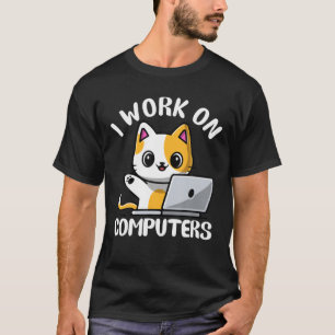 Camiseta Engraçado Laptop De Computador Gato Eu Trabalho E