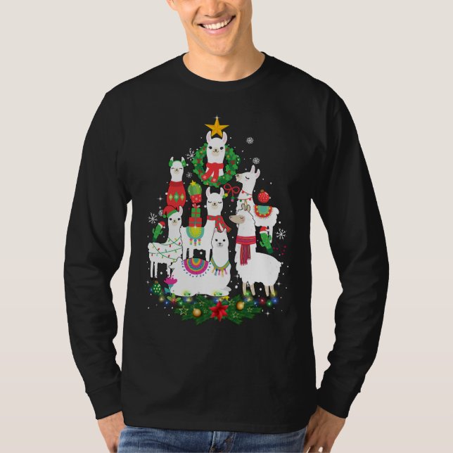 Camiseta Engraçado Llama Árvore de Natal Alpaca Xmas Lights (Frente)