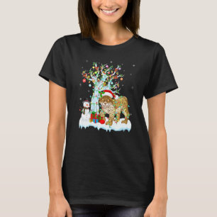 Camiseta Engraçado Lynx Xmas Tree Lighting Santa Hat Lynx C
