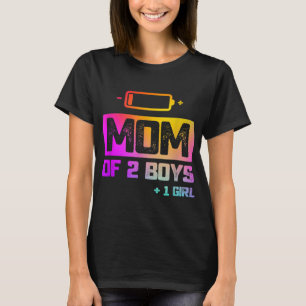 Camiseta Engraçado Mãe de 2 Meninos 1 Menina Bateria Baixa