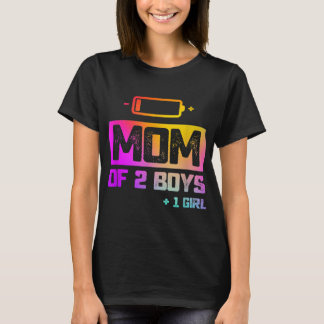 Camiseta Engraçado Mãe de 2 Meninos 1 Menina Bateria Baixa