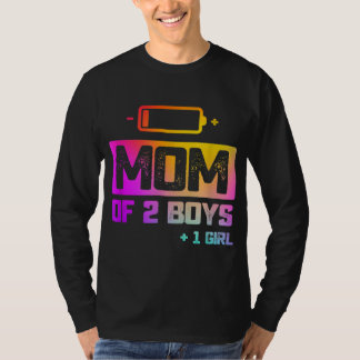 Camiseta Engraçado Mãe de 2 Meninos 1 Menina Bateria Baixa
