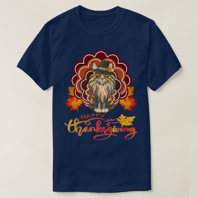 Camiseta Engraçado Maine Coon Cat Turquia Feliz Ação de Gra (Frente do Design)