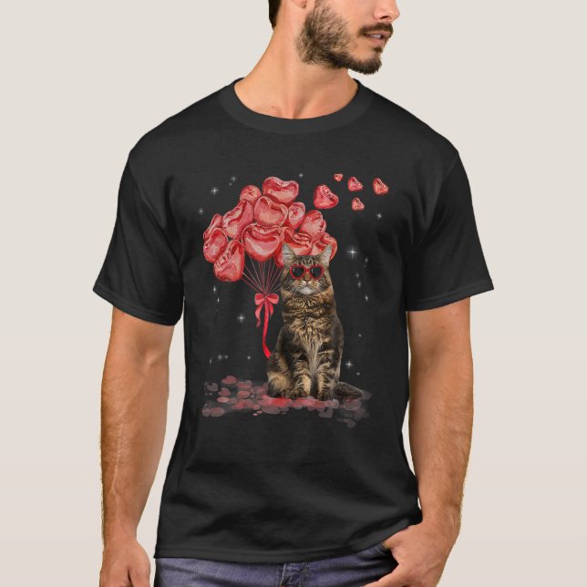 Camiseta Engraçado Maine Coon Heart Dia de os namorados Cat (Frente)
