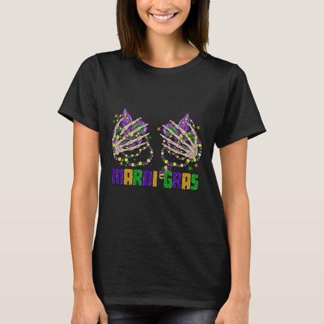 Camiseta Engraçado Mardi Gras Skeleton Mãos Com Miçangas E  (Frente)
