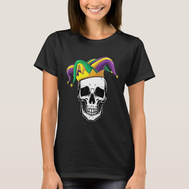 Camiseta Engraçado Mardi Gras Skull Jester Hat Parade Figur (Frente)