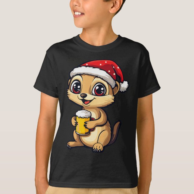 Camiseta Engraçado Meerkat De Natal Com Bicho De Cerveja (Frente)