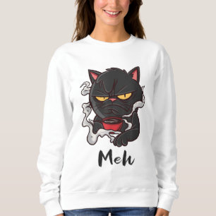 Camiseta Engraçado Meh Cat Cranky Café Gato Amantes de café