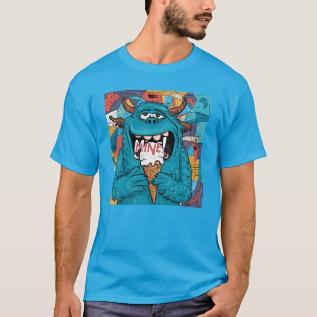 Camiseta Engraçado Monstro comendo Sorvete (Frente)