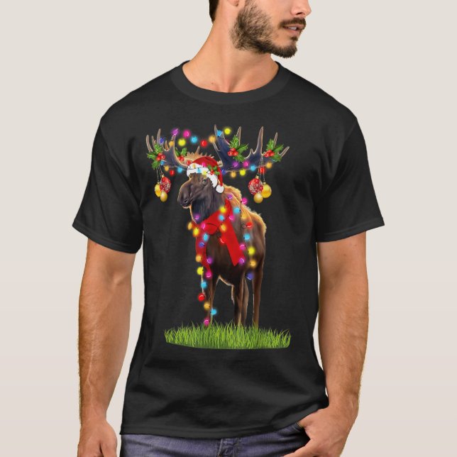 Camiseta Engraçado Moose Santa Hat Reindet De Natal Luzes X (Frente)