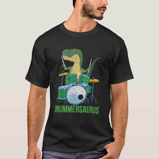 Camiseta Engraçado Músico de Dinossauro T Rex Drummer Boys  (Frente)