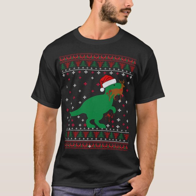 Camiseta Engraçado Natal Feio T Rex Comendo Reindeer Sweate (Frente)