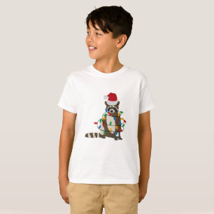 Camiseta Engraçado Natal Raccoon Santa Hat Luzes de Natal