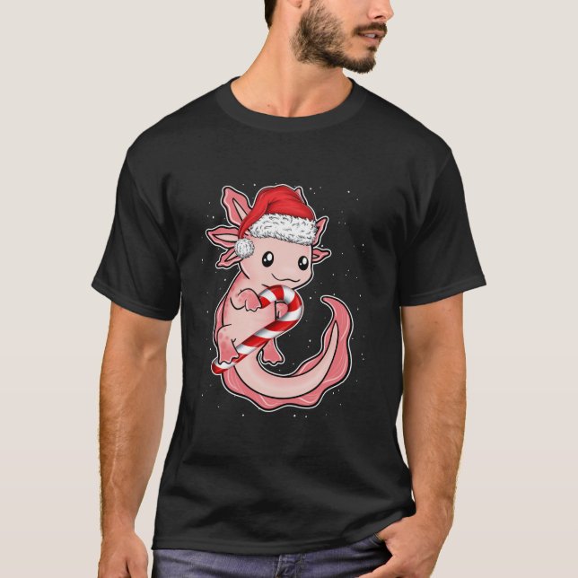 Camiseta Engraçado Natal Sorrindo Axolotl Candy Cane Sweet  (Frente)