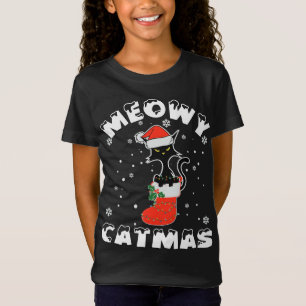 Camiseta Engraçado Negro Gato Luzes de Natal Feliz Moga Cat
