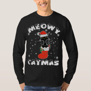 Camiseta Engraçado Negro Gato Luzes de Natal Feliz Moga Cat