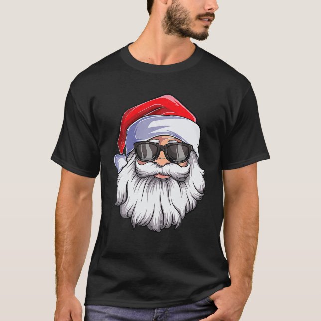 Camiseta Engraçado Papai Noel Encara Óculos De Sol Com Barb (Frente)