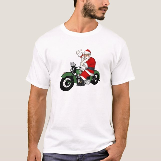 Camiseta Engraçado Papai Noel Na Moto Green Vintage (Frente)